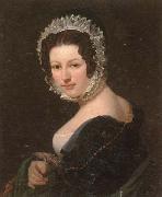 unknow artist Portrait of a young lady,half-length,wearing a black dress,with a green mantle,and a lace bonnet painting